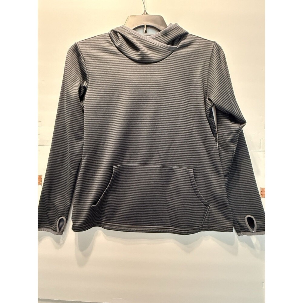 Columbia Striped Fleece Pullover Hoodie Pockets Gray Black Women's Size M